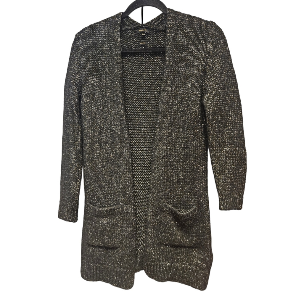 MASSIMO DUTTI Black Gold Knit Open Front Cardigan Longline Wool Alpaca Small